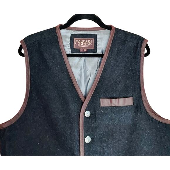 Madison Creek Outfitters Charcoal Gray Wool Vest Leather Trim Nickel Buttons LG - Picture 3 of 9